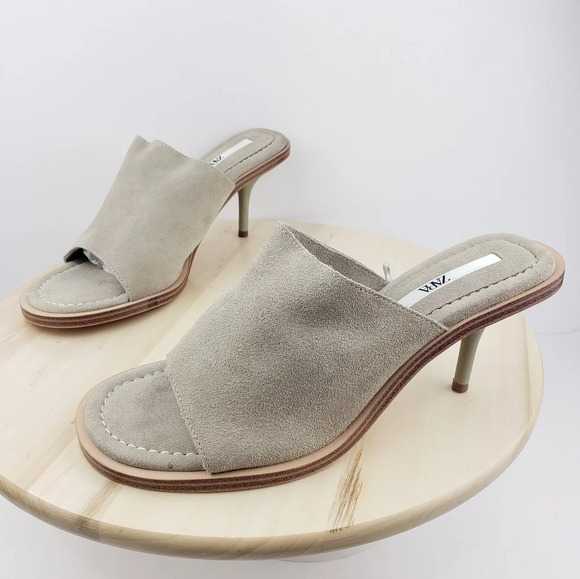 Zara Suede Leather Slide Sandal Kitty Heel Mule Shoes Women's Size 41 Taupe Gray - Picture 7 of 16